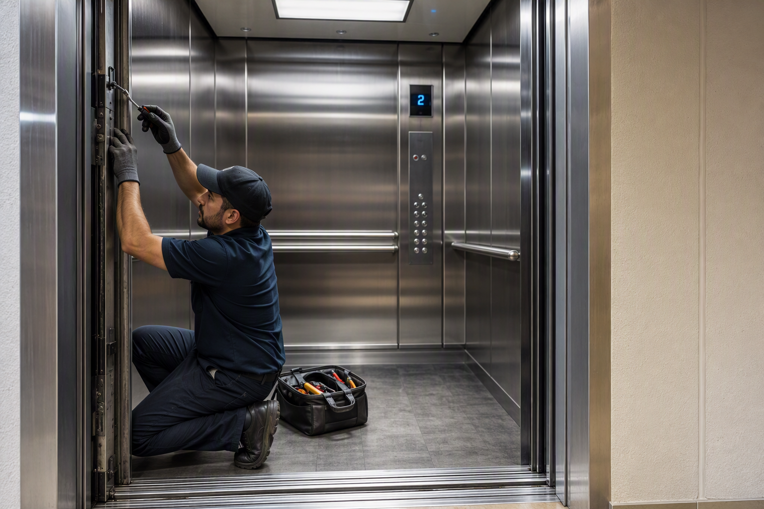 Elevator technician servicing door operator hardware inside a retail elevator cab in Scottsdale AZ as part of a preventive maintenance visit.