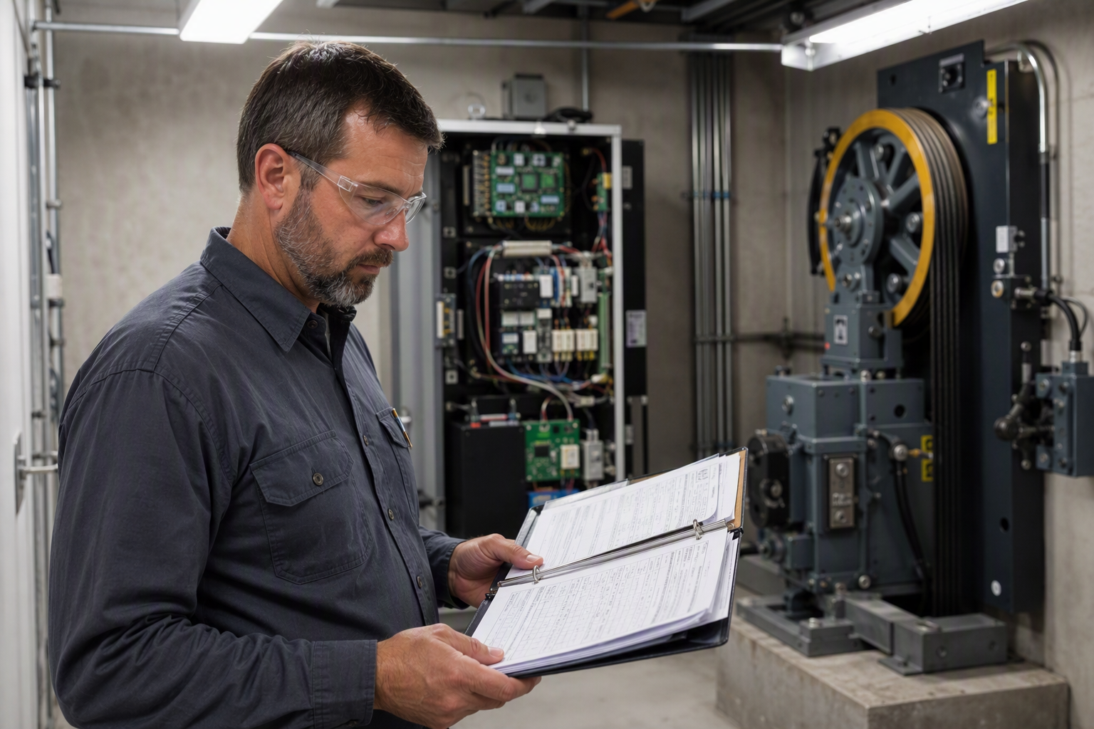 Licensed elevator inspector reviewing ASME A17.1 maintenance logs and compliance documentation inside a traction elevator machine room at an Arizona senior living facility.
