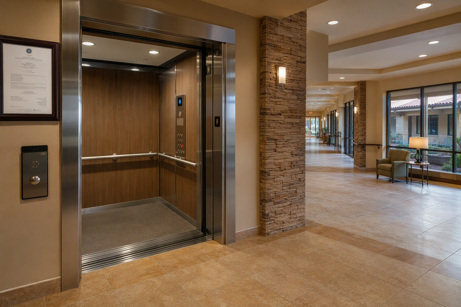 ADA-compliant elevator with open stainless steel doors in an Arizona assisted living facility lobby, showing handrails, low-mounted controls, and a posted inspection certificate.