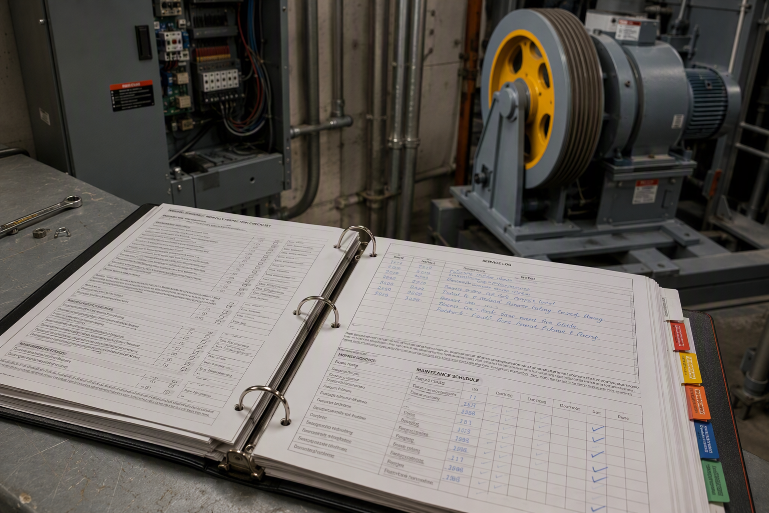 Open ASME A17.1 maintenance control program binder on a machine-room workbench beside an elevator controller cabinet, documenting required service intervals for a care facility elevator