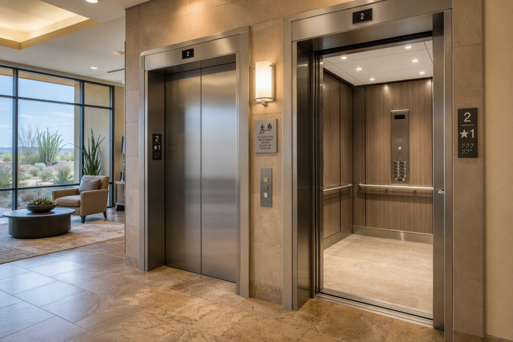 ADA-compliant elevator lobby in a Phoenix-area senior living facility showing accessible cab interior, Braille jamb signage, and wide door clearance for wheelchairs