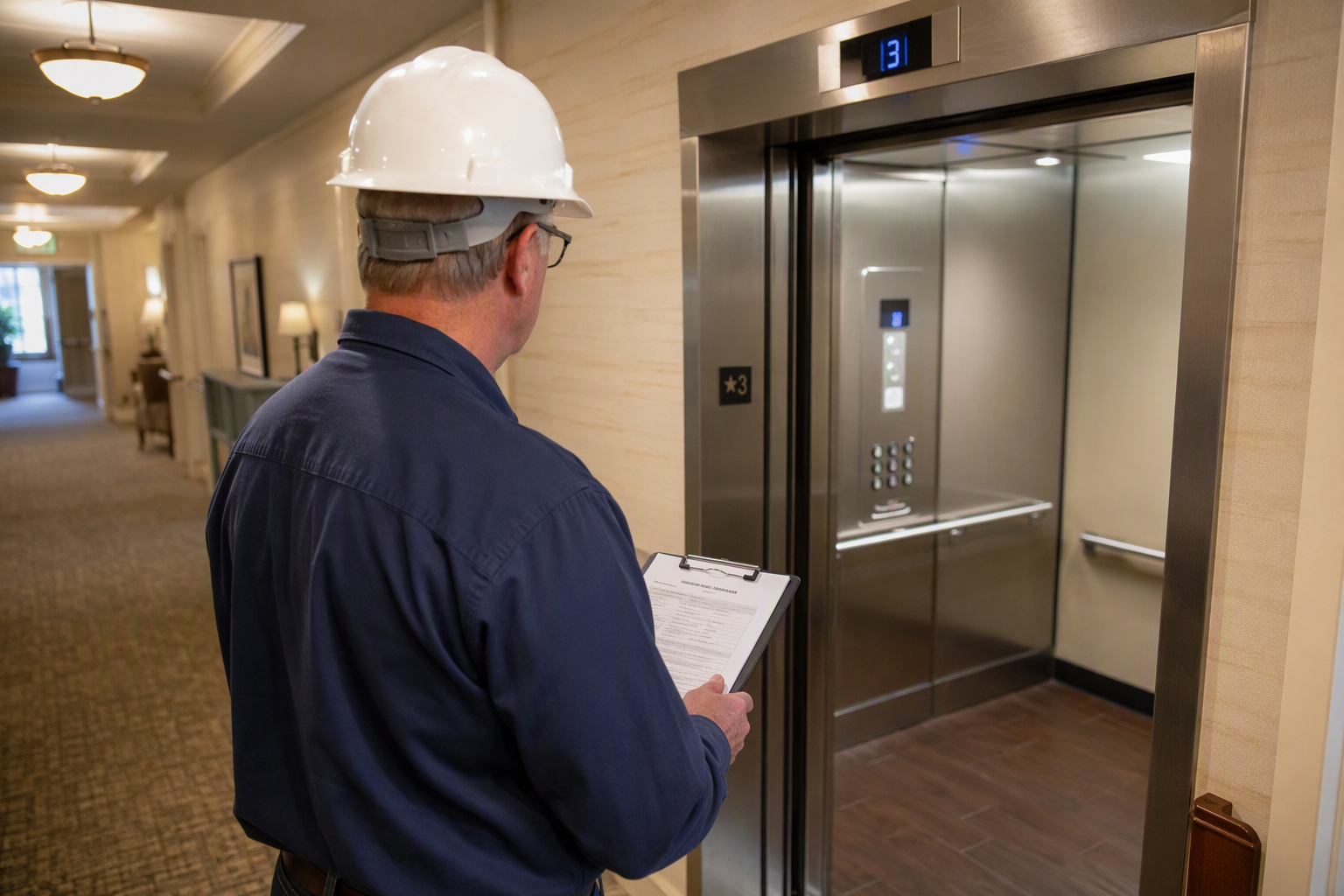 Licensed elevator inspector reviewing an open cab interior during a periodic state-mandated inspection at a Scottsdale assisted living facility