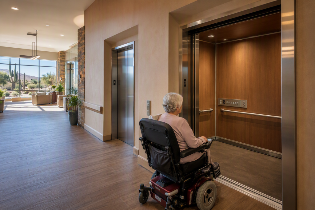 ADA-compliant senior living elevator in a Phoenix Arizona assisted living facility with wide cab, handrails, and low control panel for wheelchair users