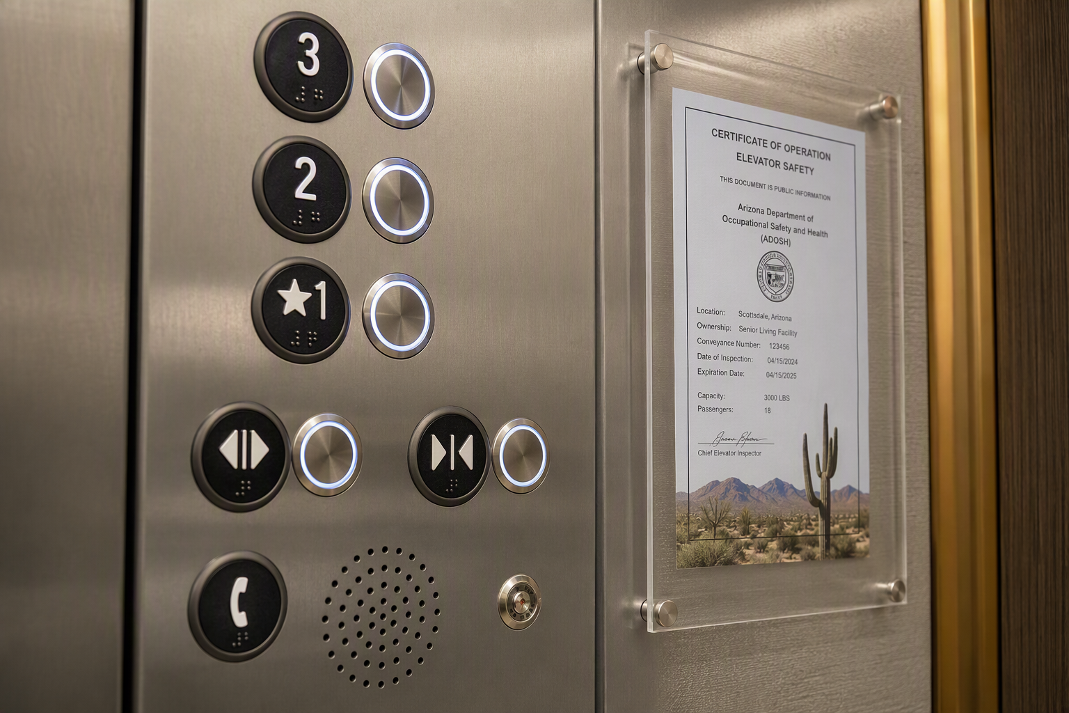 ADA elevator control panel with Braille buttons and Arizona ADOSH certificate of operation posted inside a senior living facility elevator cab in Scottsdale AZ