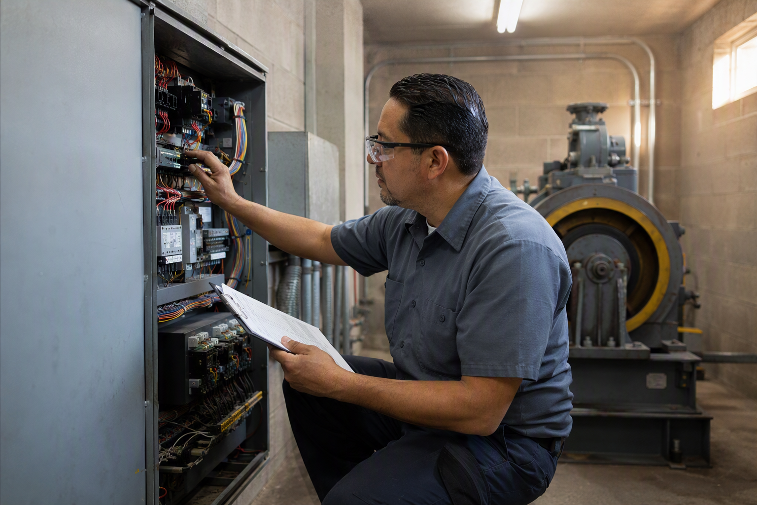 Elevator technician inspecting machine room controller during a senior living facility elevator maintenance visit in Tucson Arizona