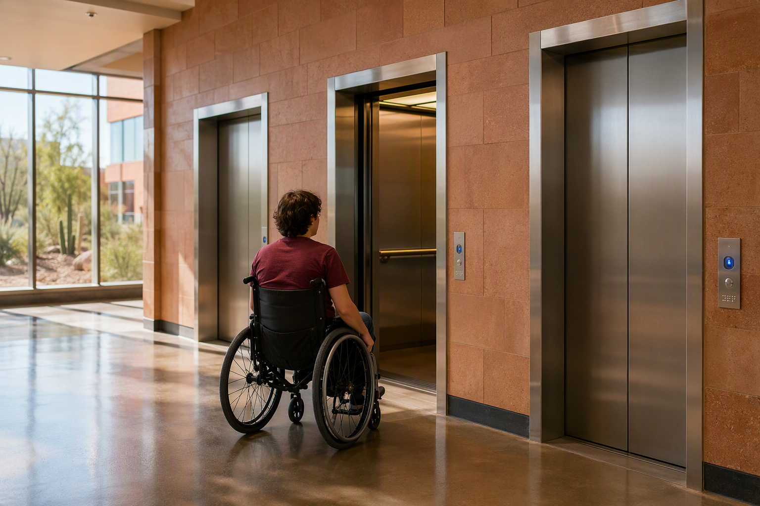 ADA-compliant university elevator bank with accessible hall call buttons and Braille jamb markings in a Phoenix Arizona campus building