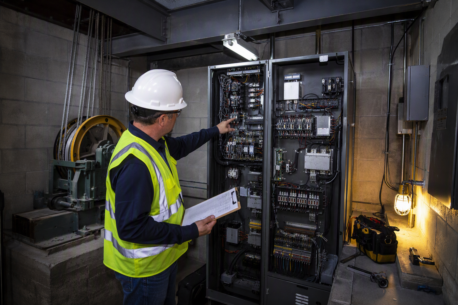 Elevator inspector reviewing ASME A17.1 compliance documentation beside a traction elevator controller in a university campus machine room in Arizona