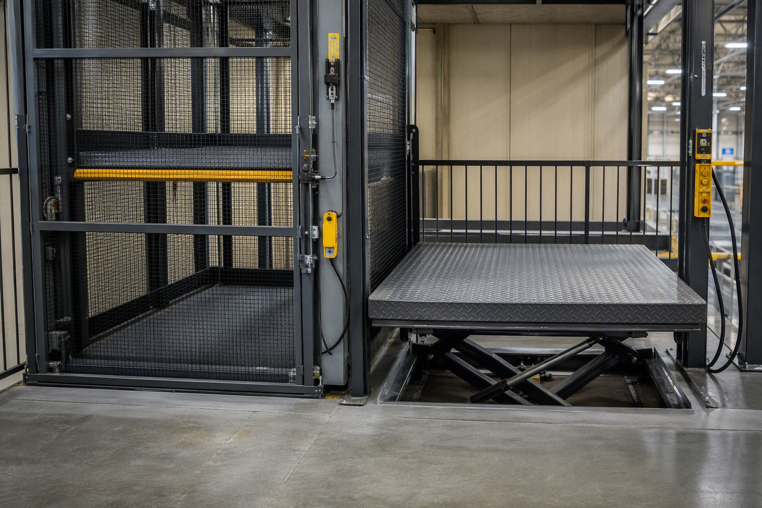Side-by-side comparison of a vertical reciprocating conveyor and a scissor lift platform inside an Arizona distribution center mezzanine, showing key differences in industrial lift equipment types.