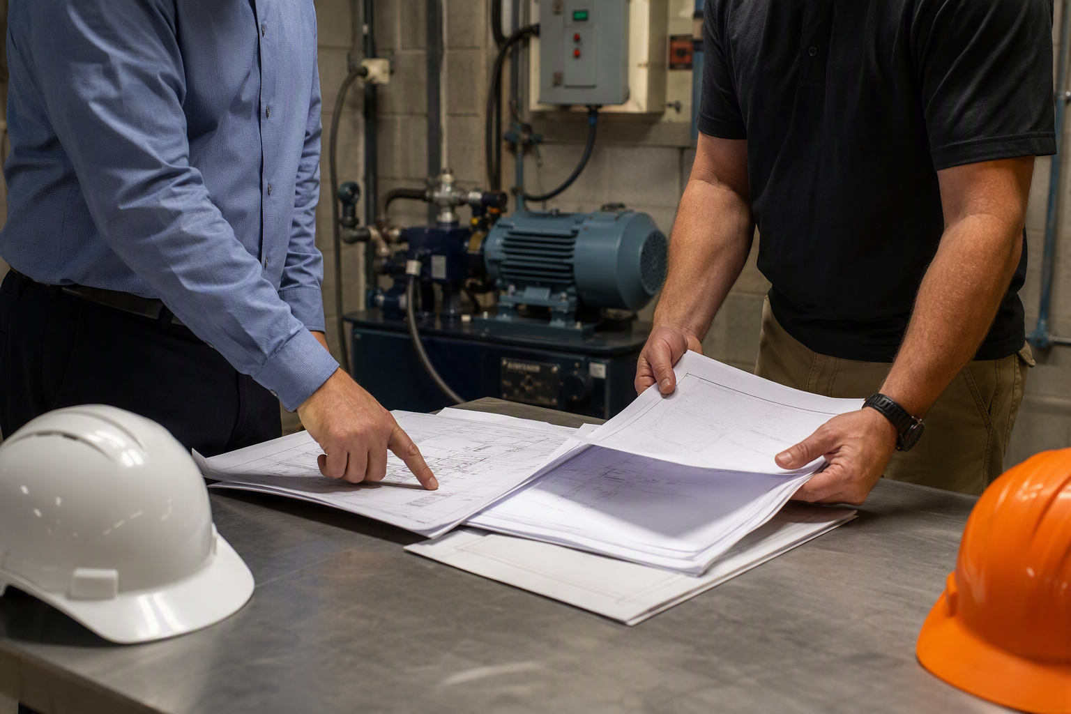 Facilities manager and elevator compliance inspector reviewing ASME A17.1 permit documentation beside a hydraulic elevator power unit in an Arizona warehouse machine room.