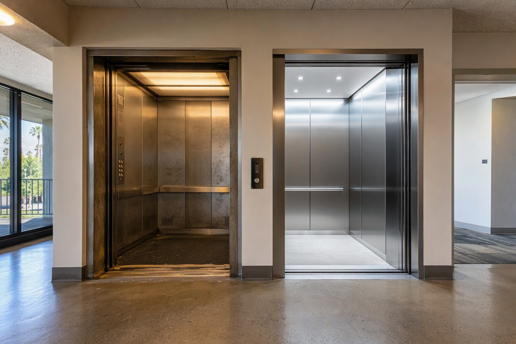 Side-by-side comparison of an aging elevator cab versus a modernized elevator interior in a Phoenix AZ mid-rise office building, illustrating modernization vs full replacement options.