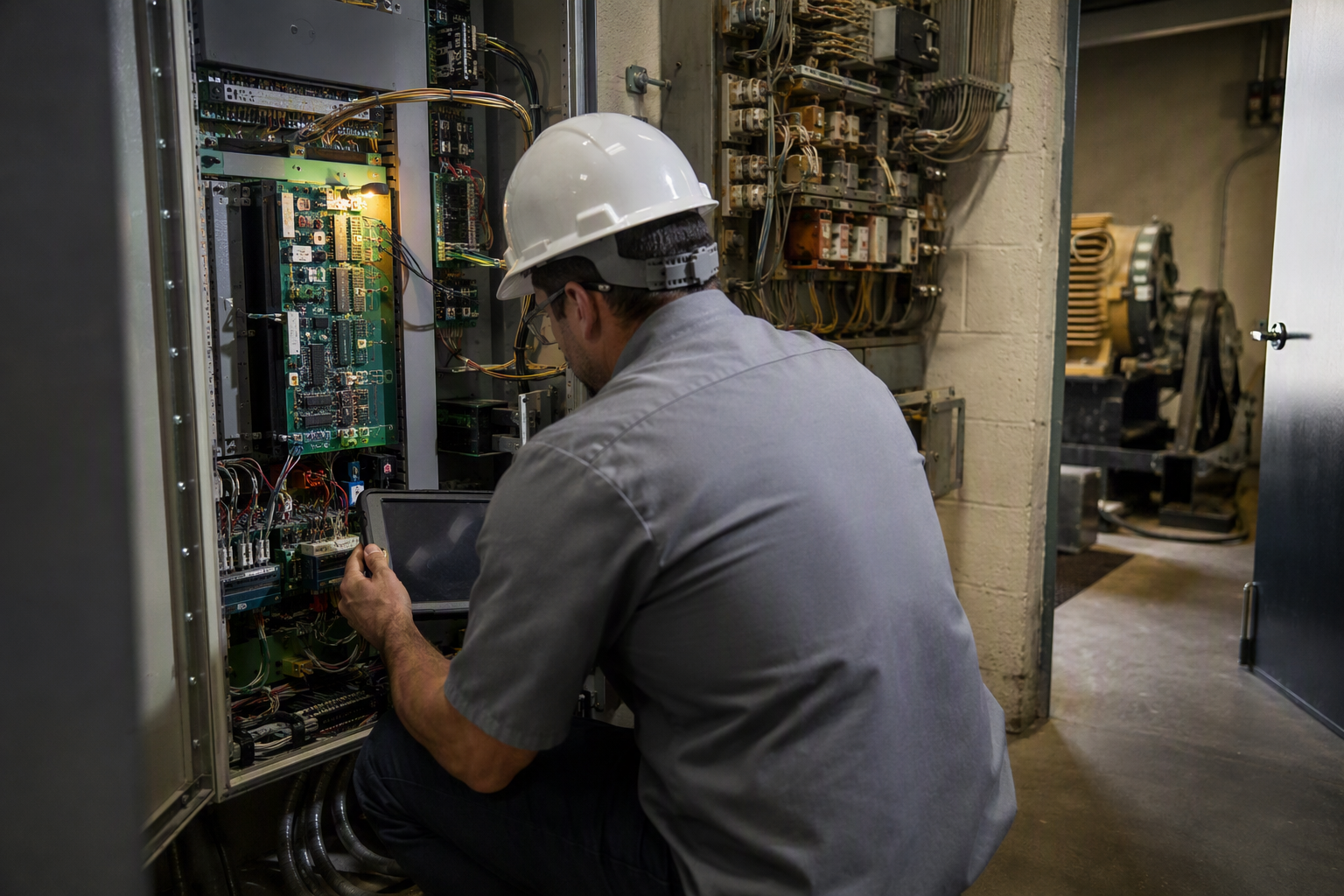 Elevator technician inspecting a newly installed microprocessor controller during a full elevator replacement project inside a commercial machine room in Scottsdale, Arizona.