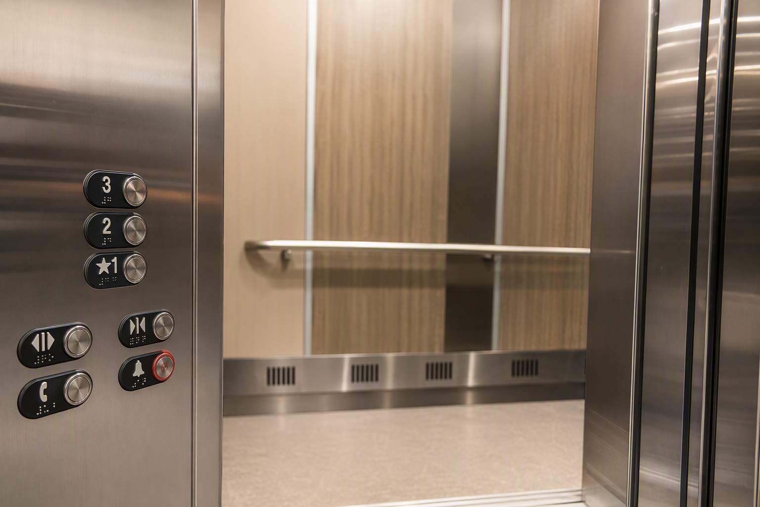 ADA-compliant elevator cab interior with Braille control panel buttons at correct mounting height and rear handrail inside a Scottsdale Arizona medical office building