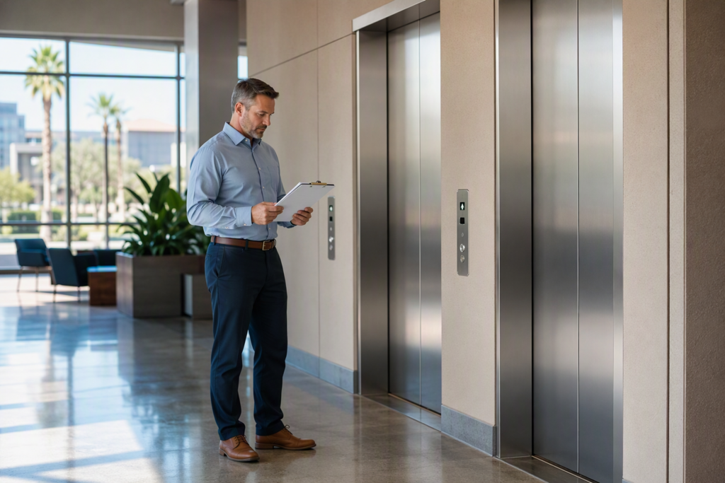 Facilities manager reviewing ADA elevator compliance documents in a Phoenix AZ commercial building lobby with Braille call buttons and accessible elevator controls visible