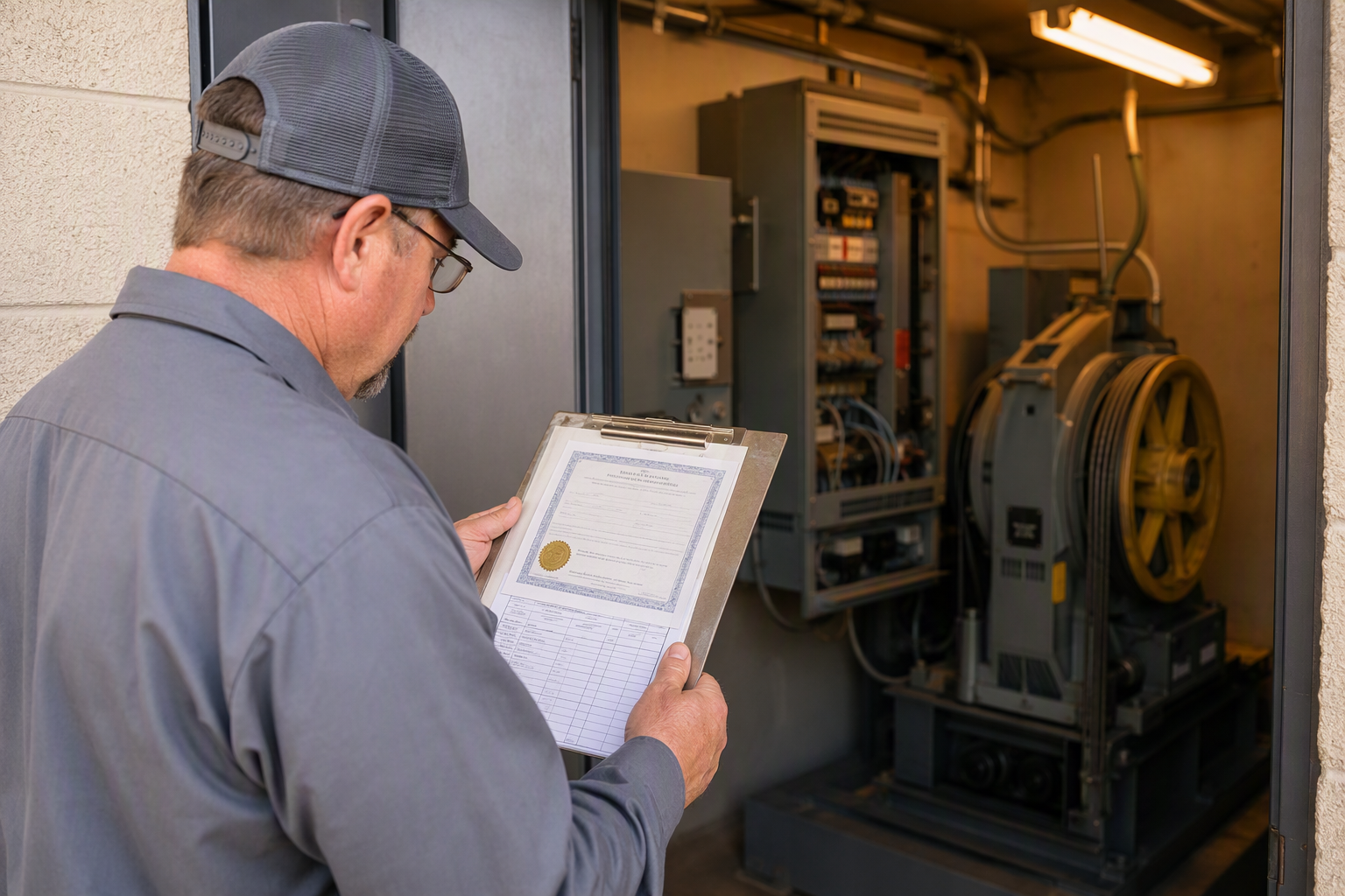 Licensed elevator inspector reviewing Arizona inspection certificate and compliance checklist outside a commercial building machine room in Mesa AZ