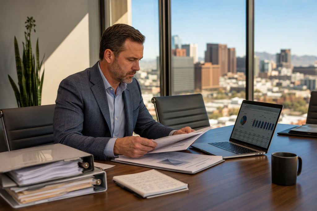 Facility manager reviewing elevator industry statistics and 2025 data reports at a conference table in a Phoenix AZ commercial office building.