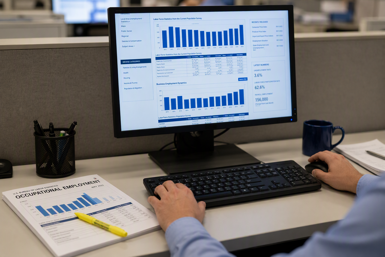 Professional accessing elevator workforce and wage statistics on a government data portal, illustrating how to contact authoritative sources for elevator industry statistics in 2025.