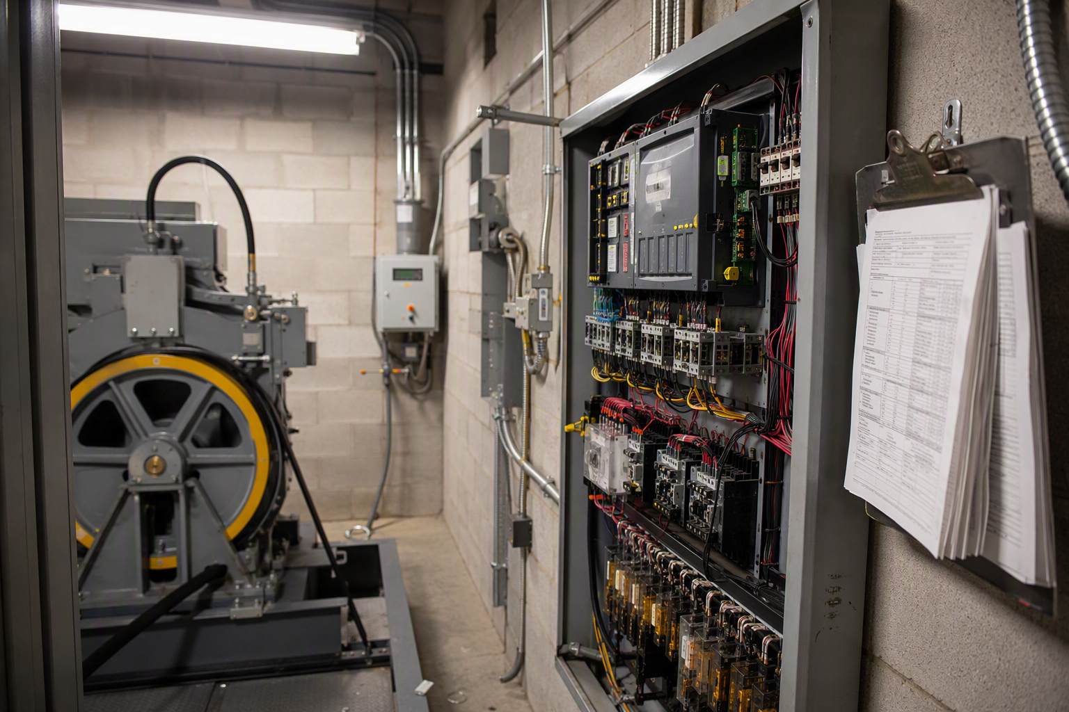 Elevator machine room controller panel with inspection checklist in a commercial building, representing OSHA and ASME compliance data sources for 2025 elevator statistics.