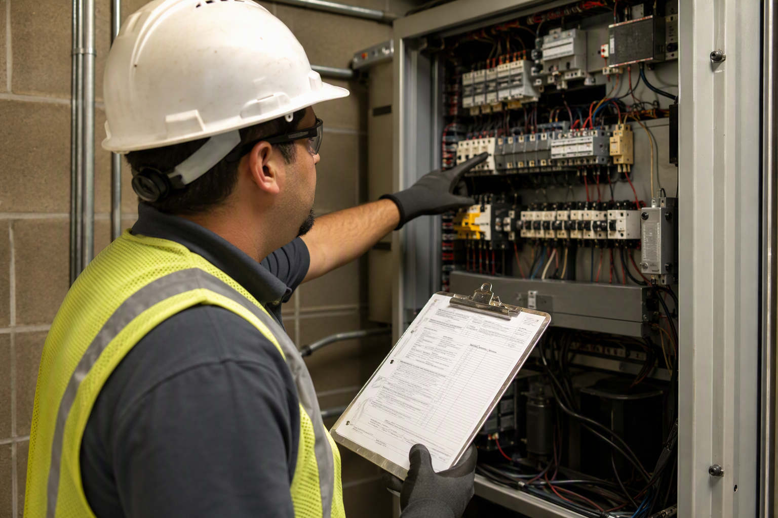 Licensed elevator inspector reviewing controller equipment in a machine room during an Arizona ADOSH elevator safety inspection