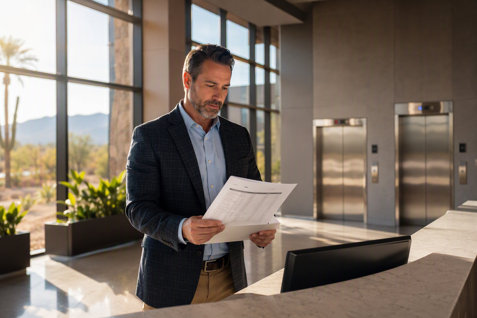 Building manager in a Phoenix AZ commercial lobby reviewing elevator inspection requirements documentation with stainless steel elevator doors visible in background
