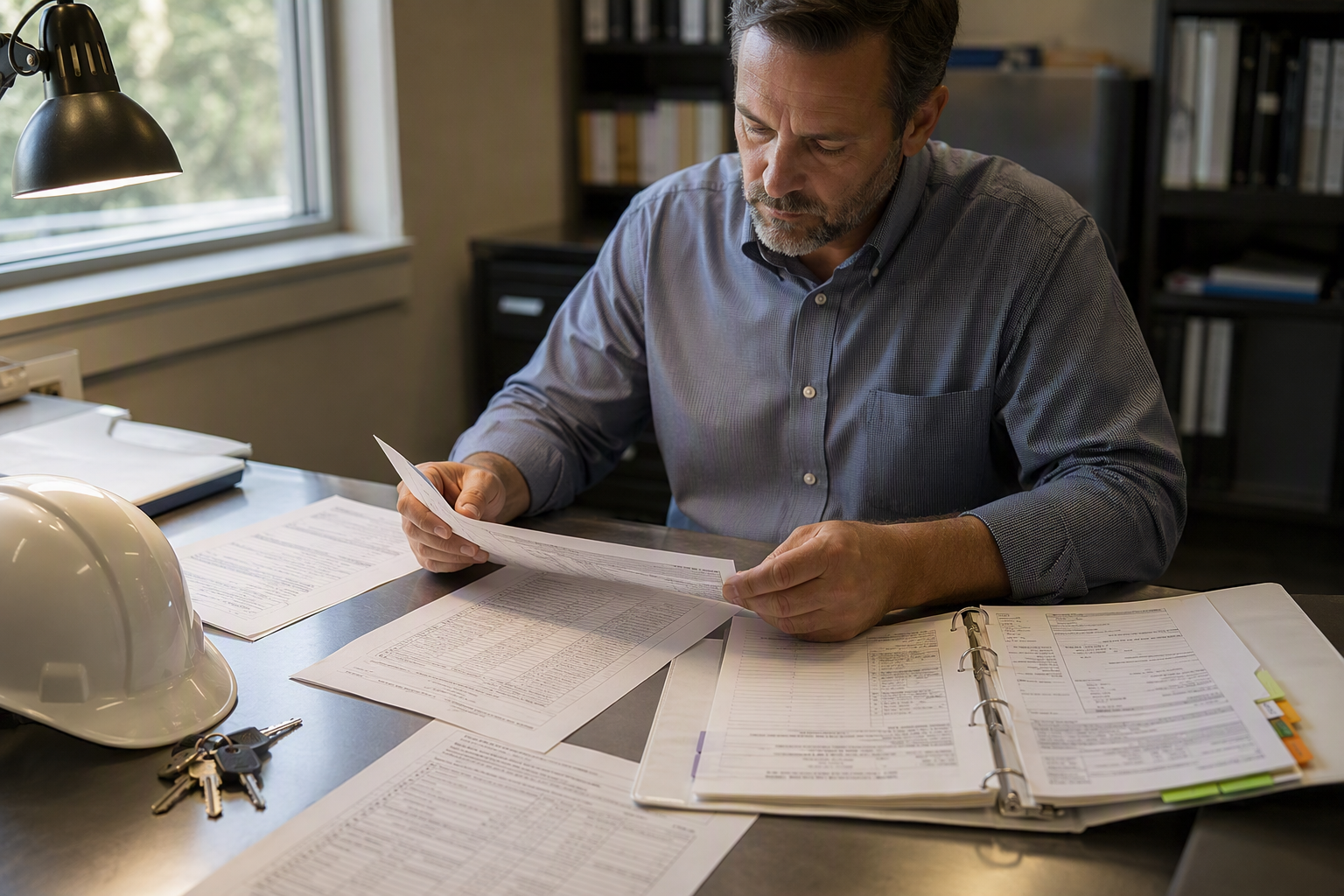 Hospital facilities director reviewing elevator inspection certificates and ADOSH compliance documents at a desk, representing who is responsible for hospital elevator maintenance in Arizona.