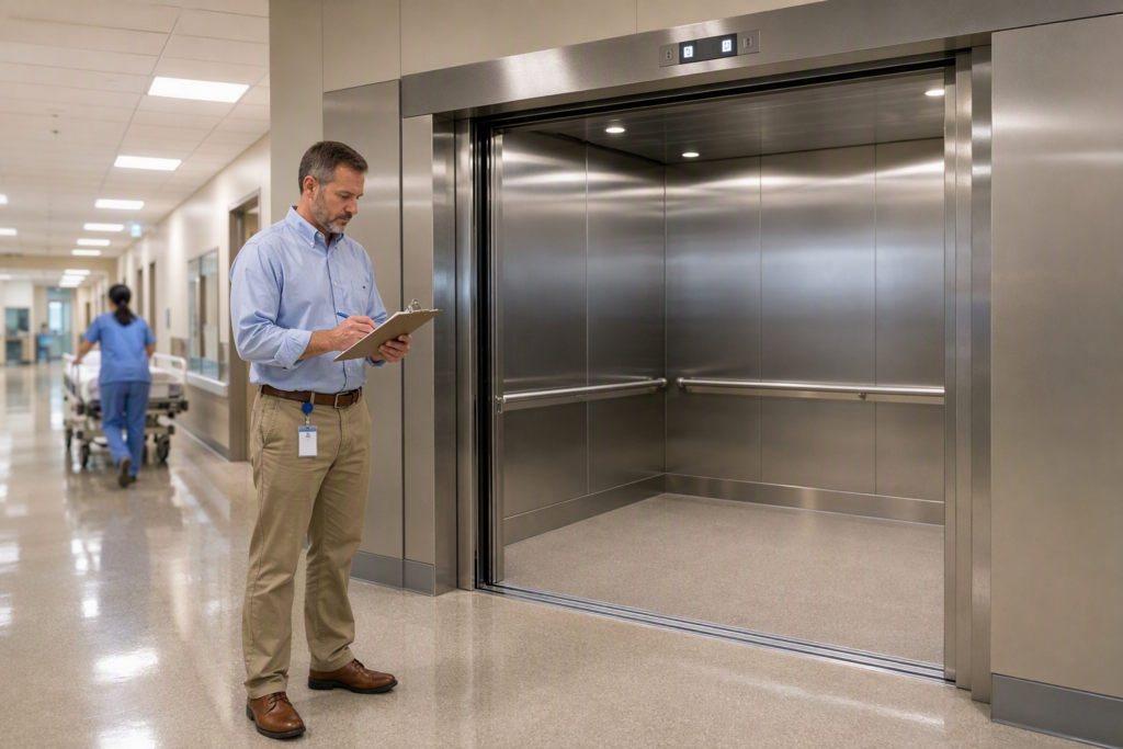 Hospital elevator lobby in Phoenix AZ with oversized cab doors open and facilities manager reviewing maintenance clipboard, illustrating who to contact for hospital elevator requirements.