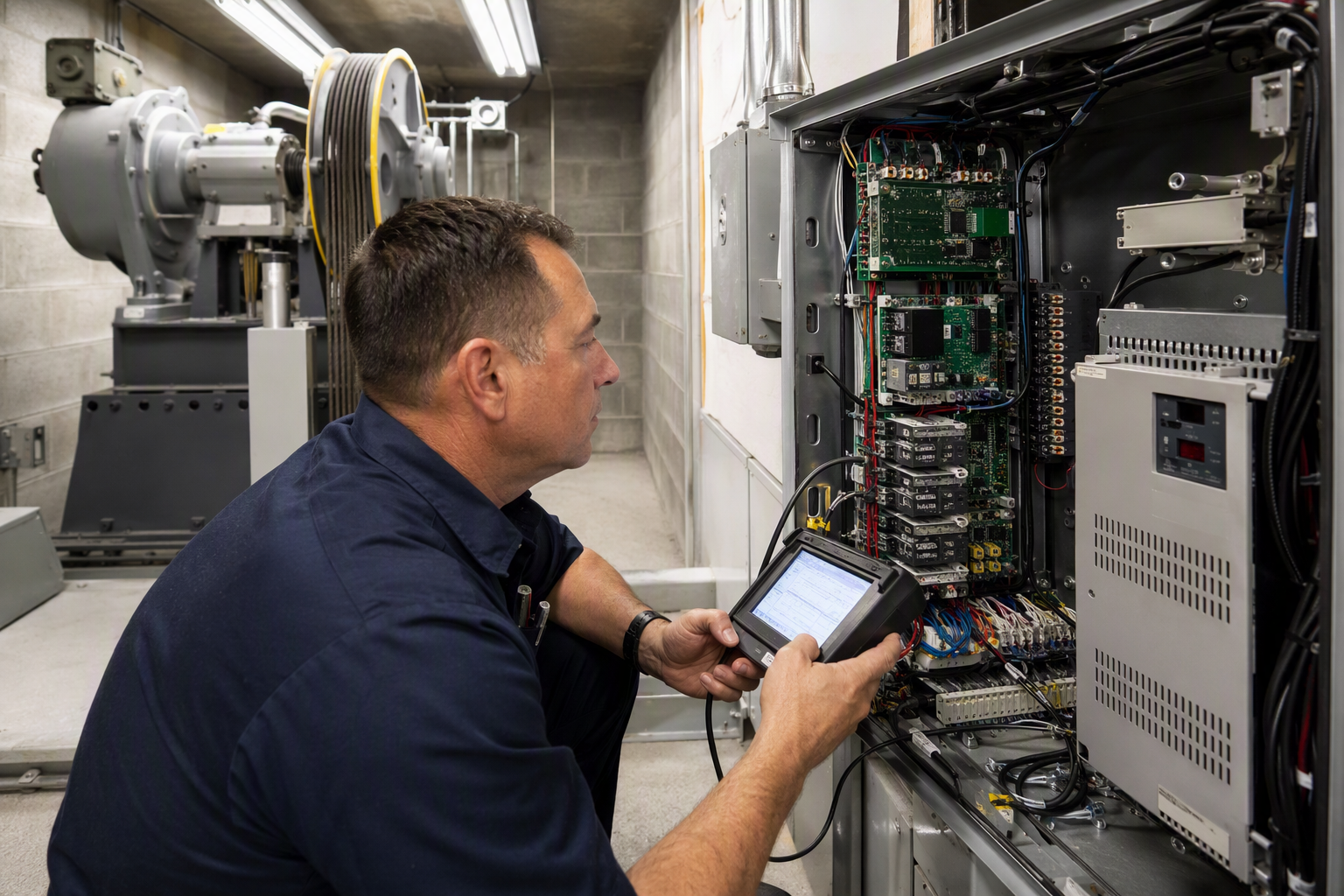 Certified elevator technician servicing hospital elevator controller in a Tucson AZ machine room, illustrating ASME A17.1 and healthcare compliance maintenance requirements.