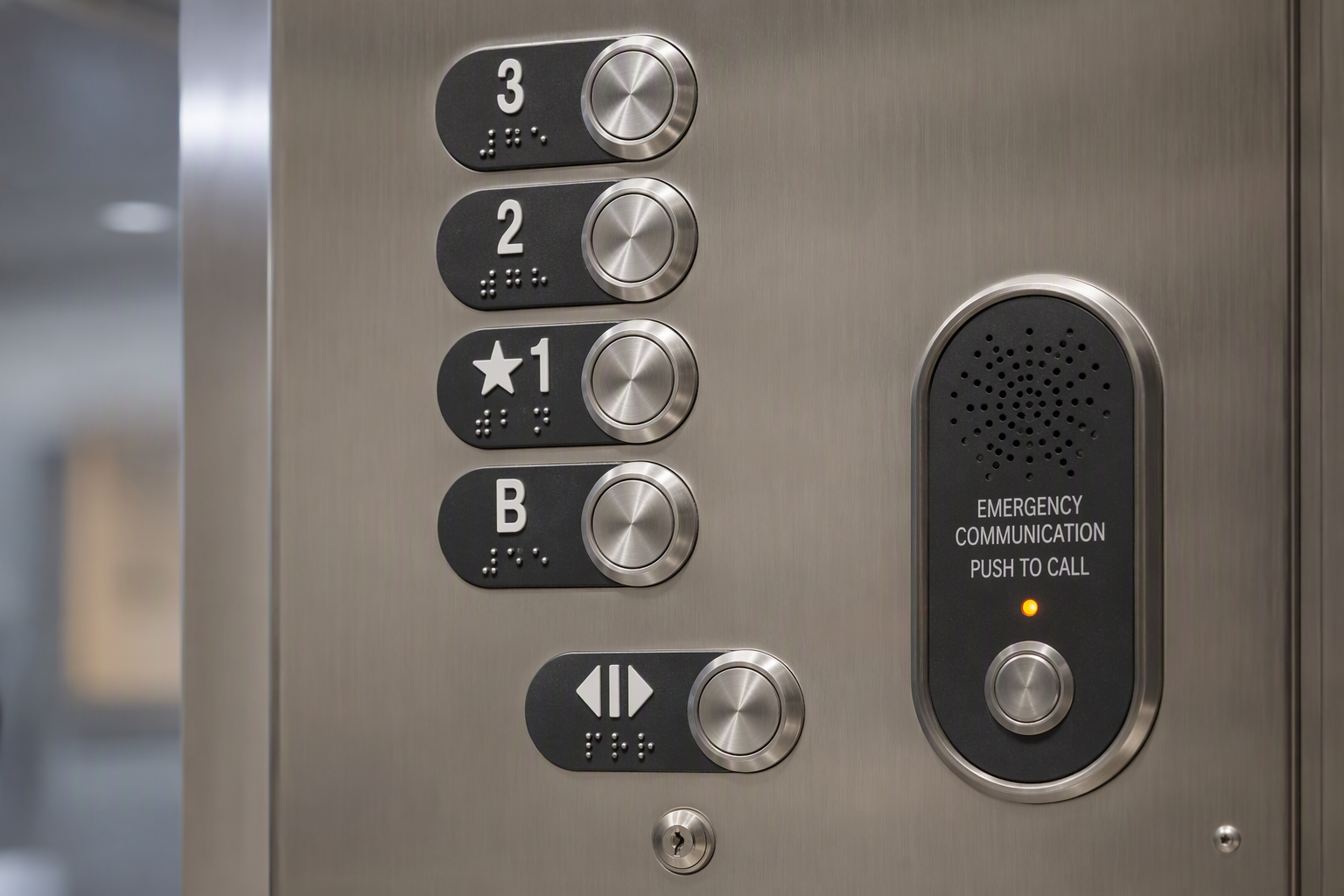 Close-up of ADA elevator control panel with Braille markings, raised tactile buttons, and emergency communication device meeting ADA accessibility upgrade standards in an existing commercial building