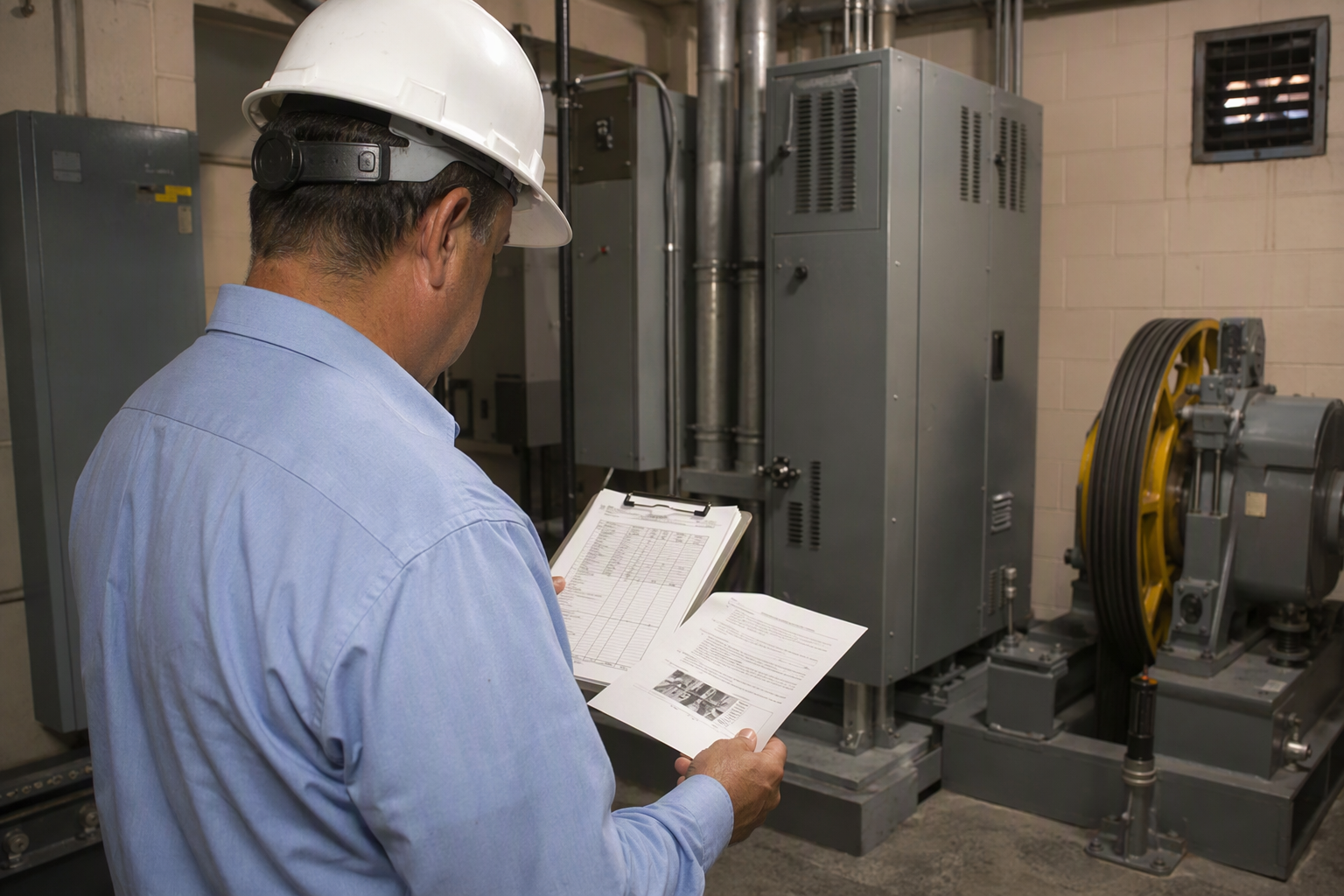 Elevator compliance inspector reviewing ASME A17.3 inspection report in a machine room of an Arizona commercial healthcare building during an ADA accessibility upgrade assessment