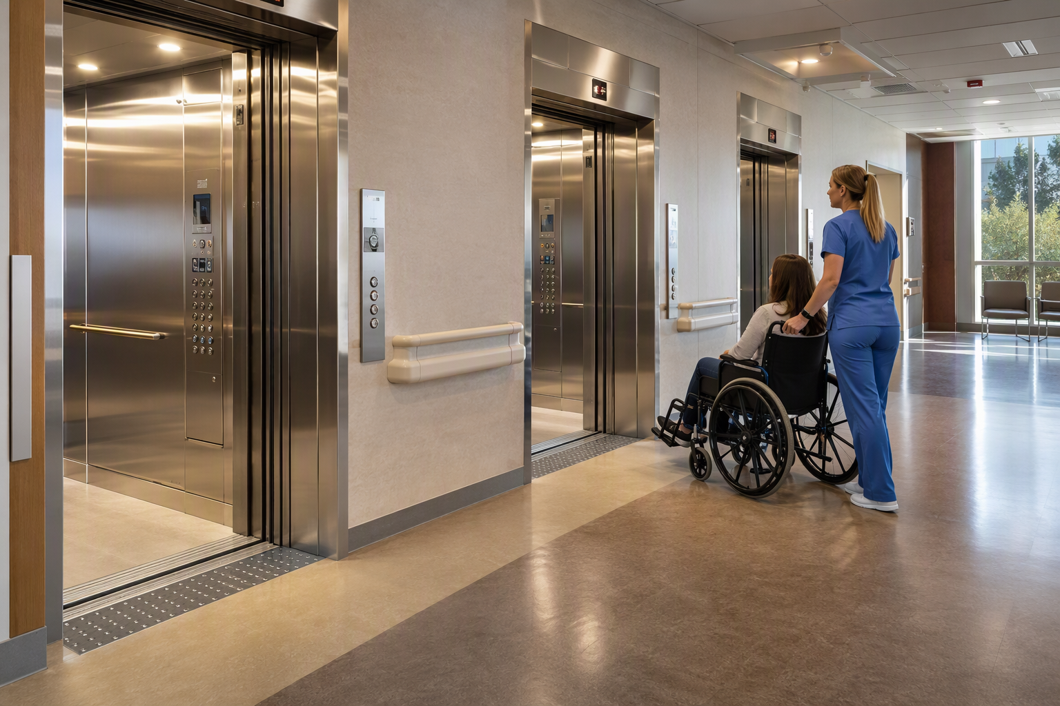 ADA-compliant hospital elevator lobby in Phoenix AZ showing wide cab doors, wheelchair-accessible control panels, and Braille buttons meeting elevator accessibility upgrade requirements