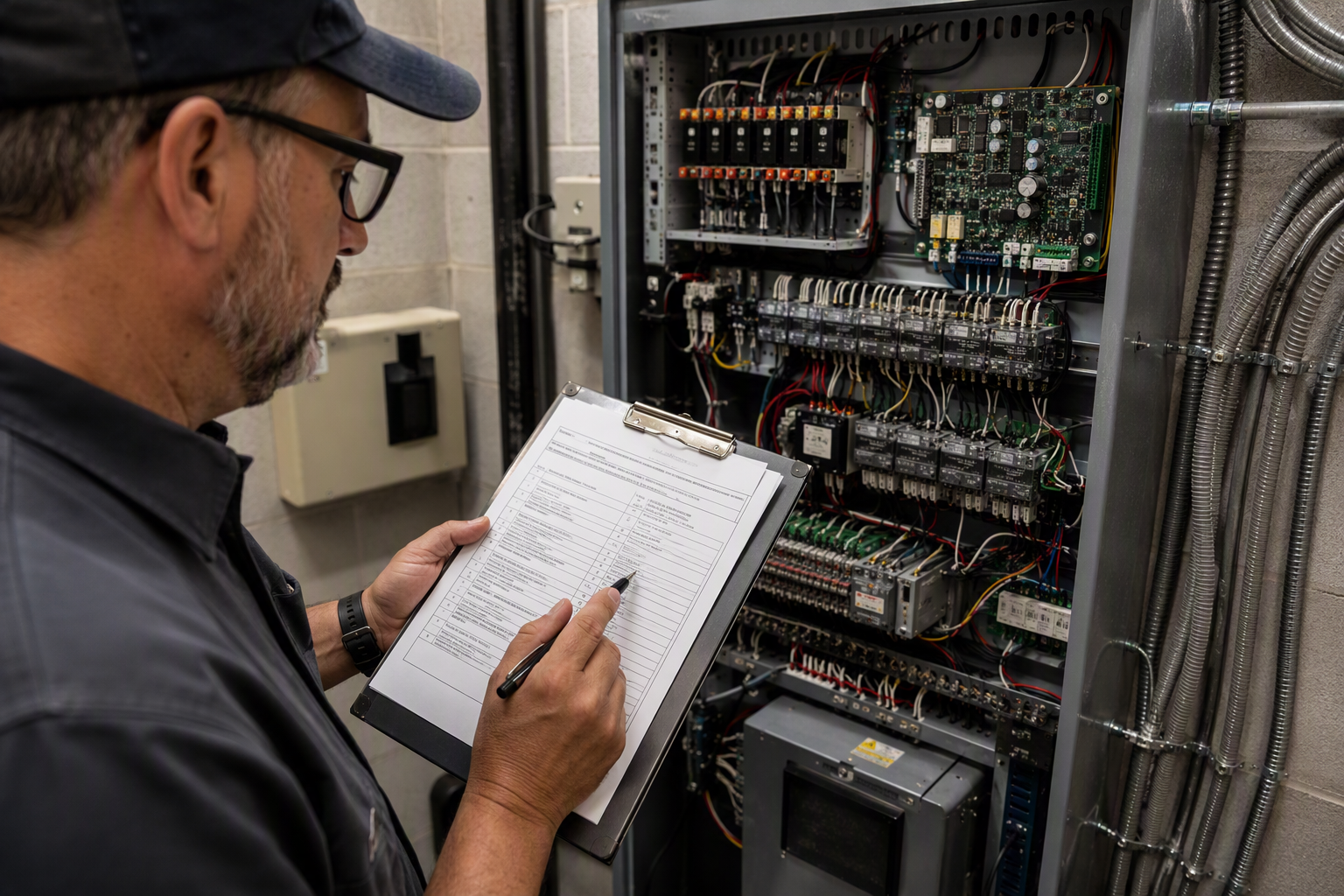 ADOSH-licensed elevator inspector reviewing compliance checklist in an Arizona apartment building machine room with a traction elevator controller, representing state inspection requirements for multi