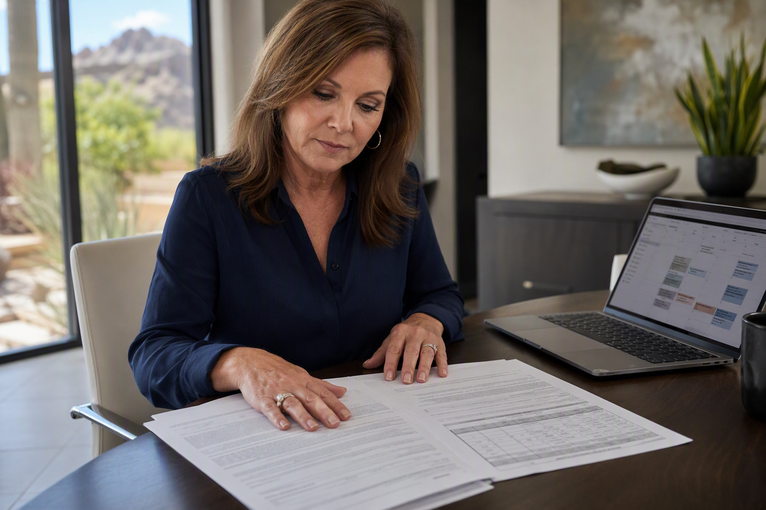 Apartment property manager in Scottsdale AZ reviewing elevator maintenance contracts and inspection schedules, representing compliance planning requirements for Arizona multifamily building operators.