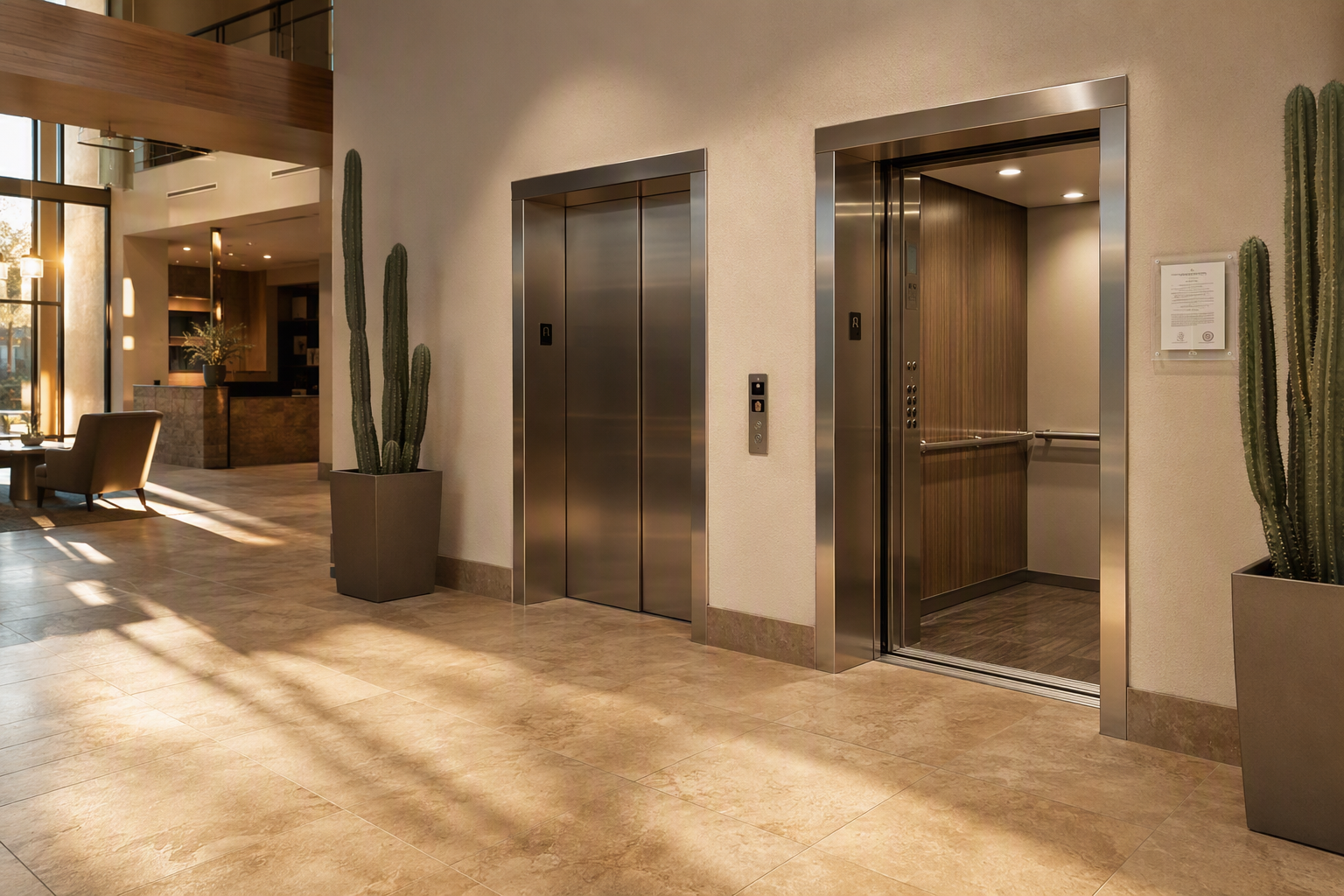 Apartment building lobby in Phoenix AZ showing two stainless steel elevator doors with ADA-compliant controls and a posted Arizona operating certificate, illustrating multifamily elevator compliance r