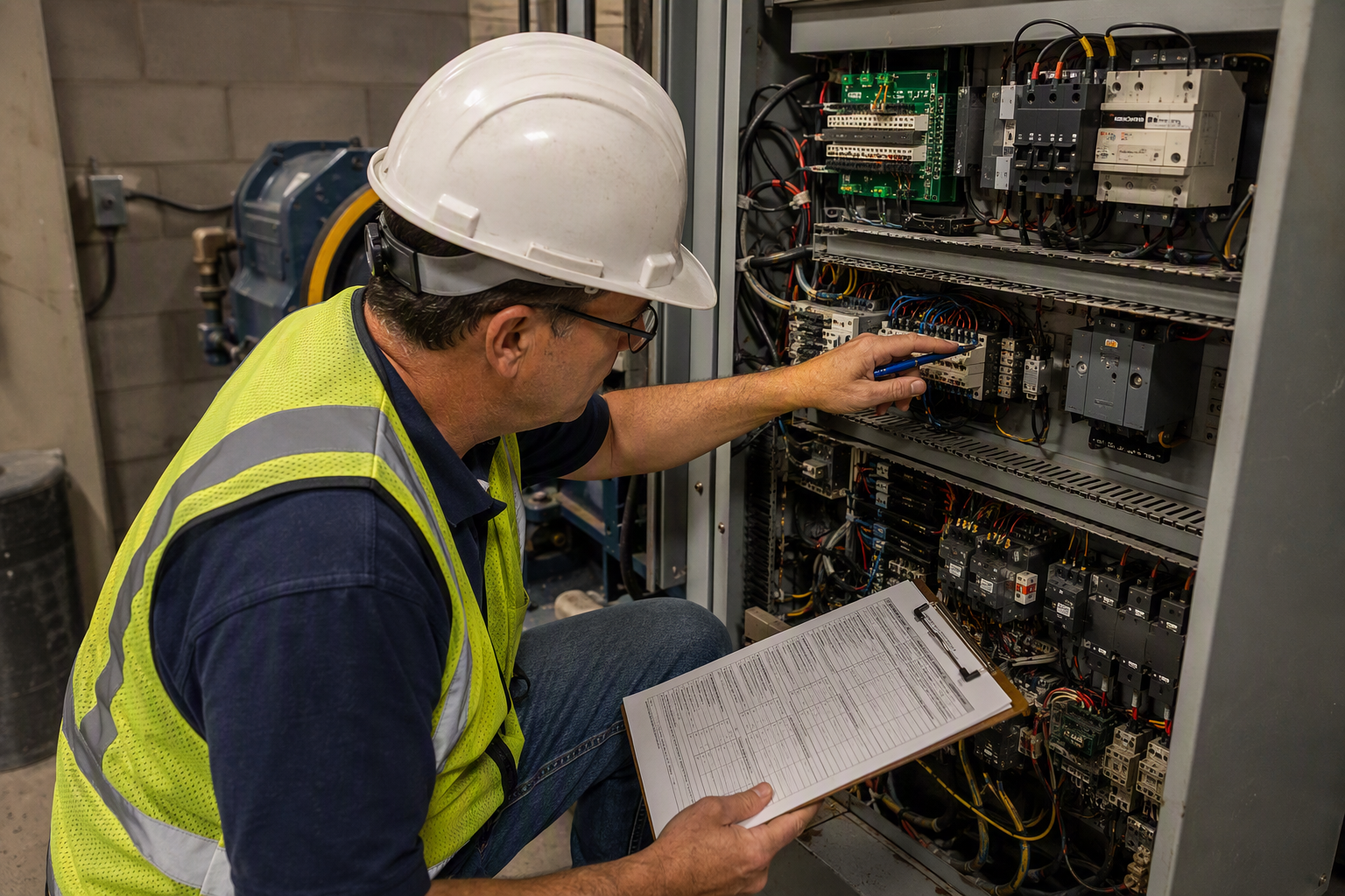 Elevator inspector reviewing ASME A17.3 compliance documentation at a controller cabinet inside an Arizona commercial building machine room