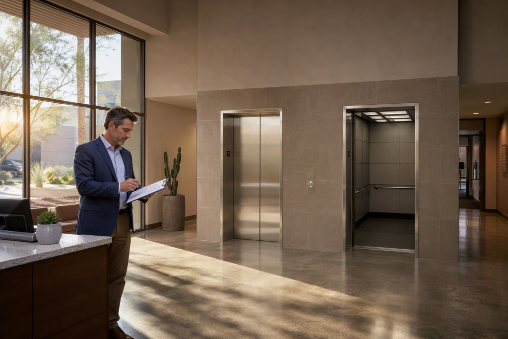Arizona building property manager reviewing elevator compliance checklist in Phoenix office lobby ahead of 2026–2027 ASME A17.3 code enforcement changes