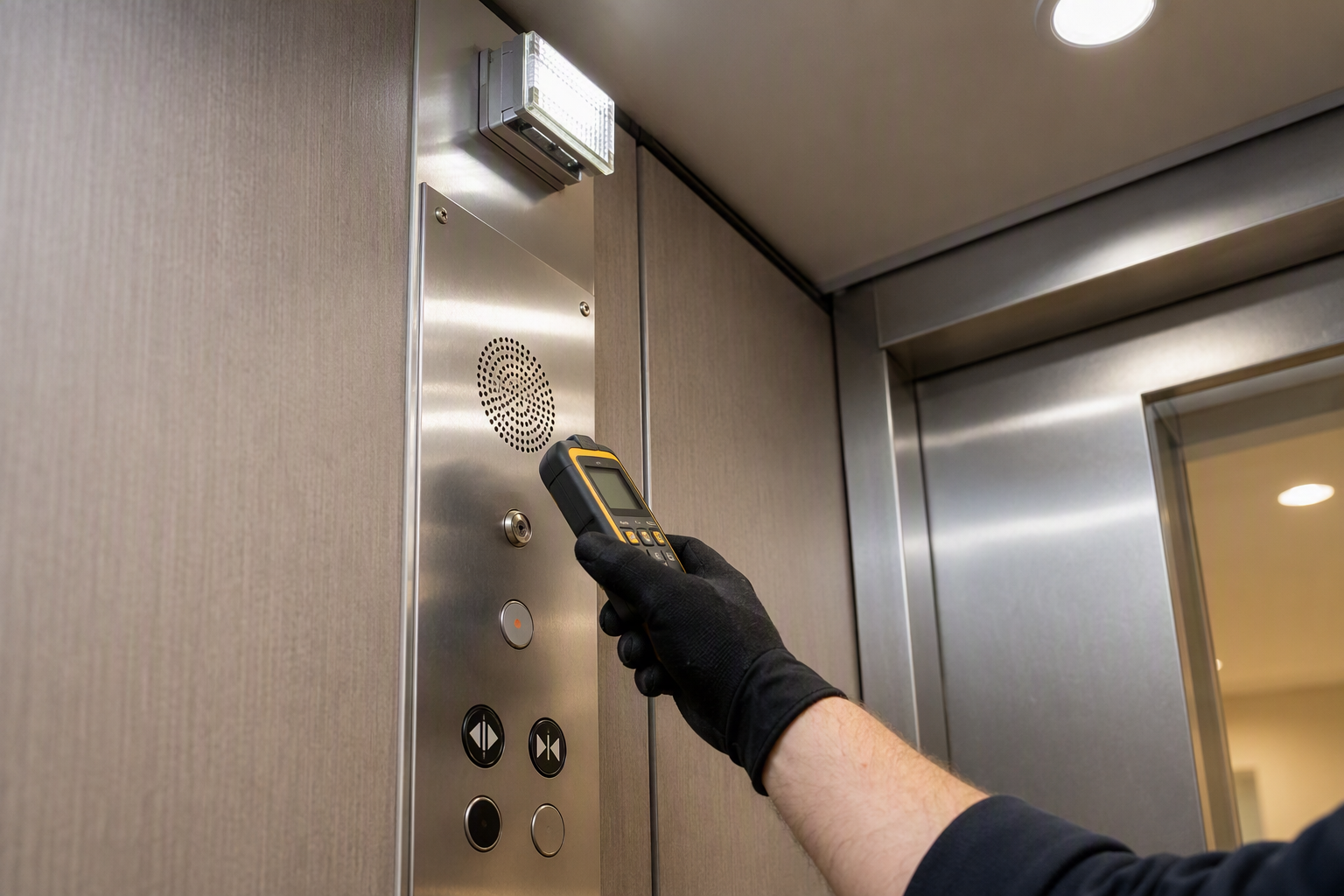 Elevator technician testing two-way emergency communication system and emergency lighting inside a cab to meet Arizona 2026–2027 ASME A17.3 code requirements