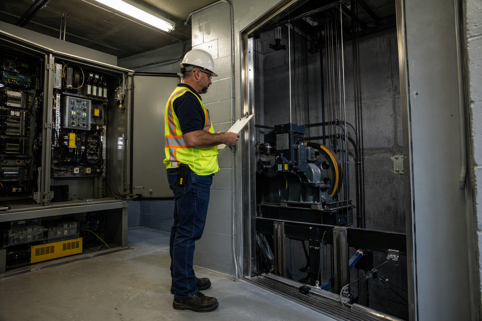Arizona elevator inspector reviewing ASME A17.1 checklist in a commercial machine room during a mandatory annual elevator inspection in Phoenix AZ
