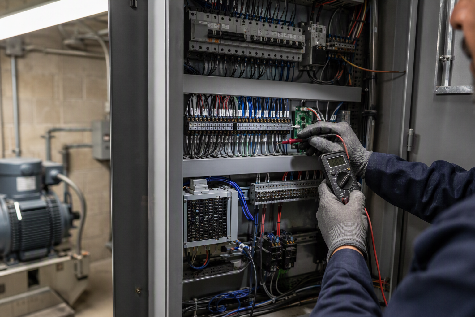 Elevator technician testing controller panel in a Tucson AZ machine room for ASME A17.1 and Arizona ADOSH code compliance