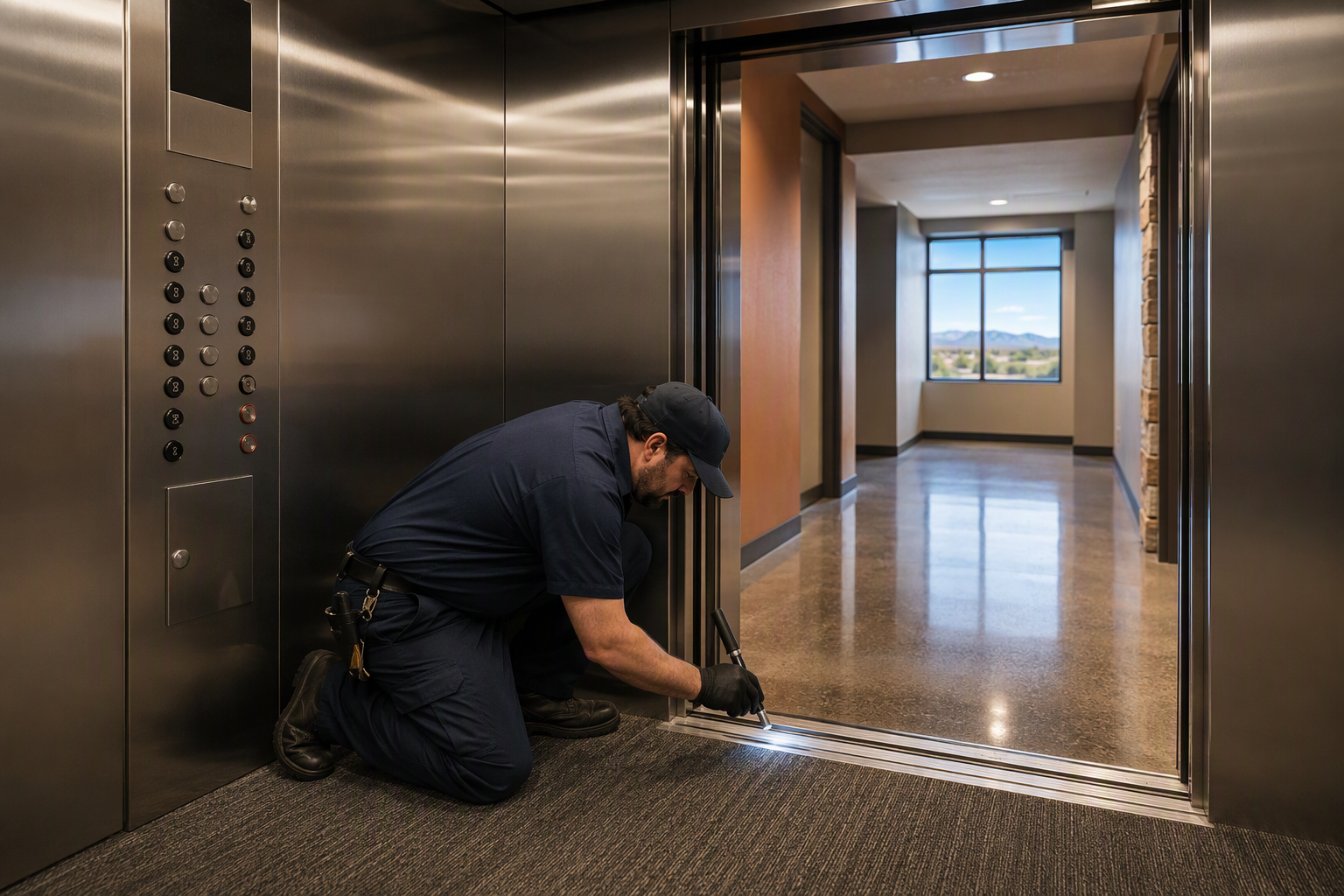 Elevator technician inspecting cab door sill during preventive maintenance visit at a Tucson AZ office building