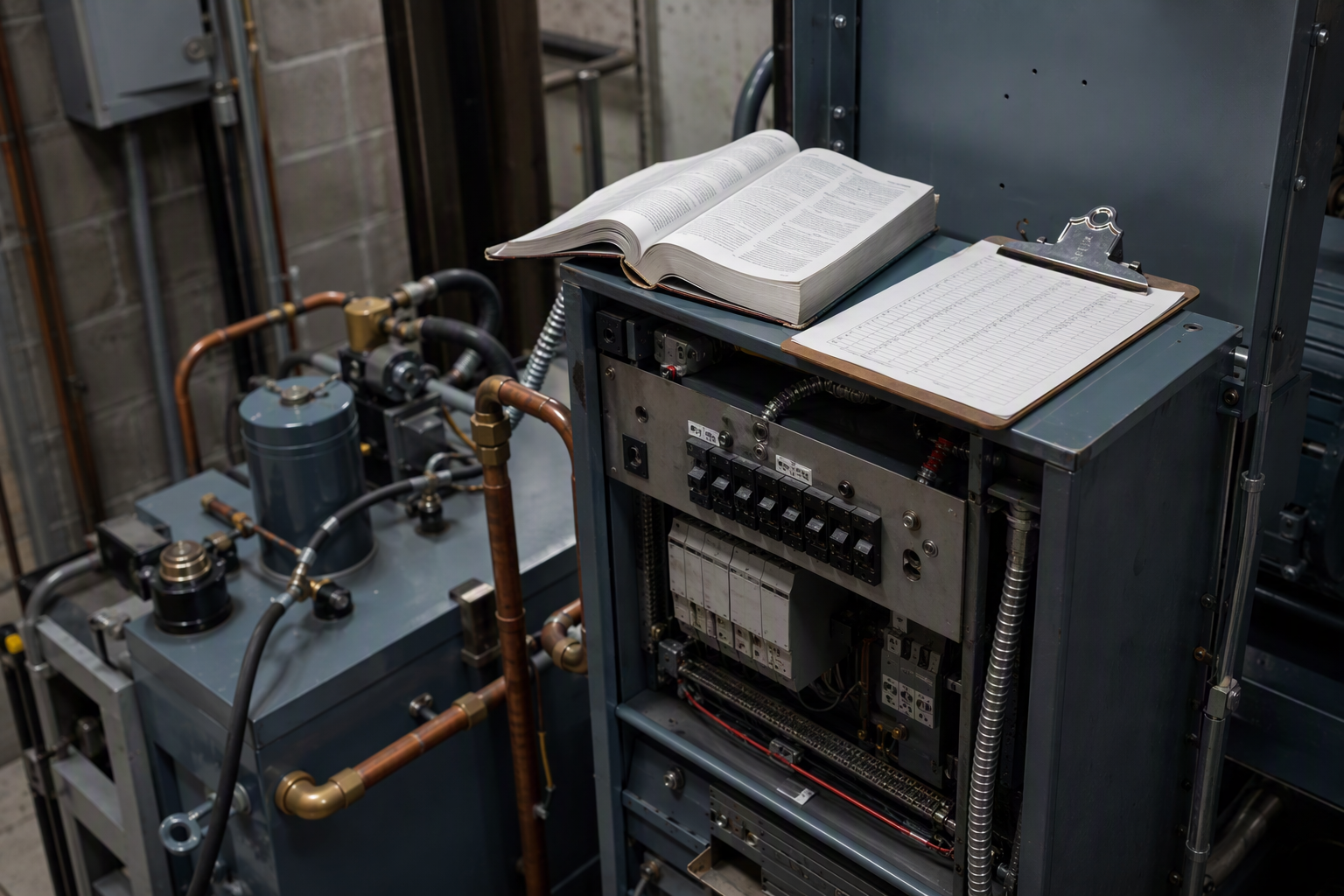 Elevator Machine Room Equipment and Inspection Records Elevator machine room showing hydraulic power unit, motor controller panel, and inspection checklist — key components evaluated when deciding elevator replacement versus modernization.