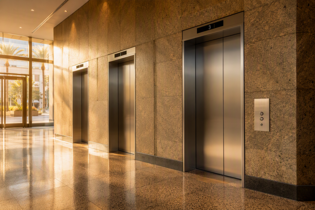 Bank of stainless-steel commercial elevator doors in a modern Phoenix AZ office tower lobby, representing the 20–25 year average lifespan of a commercial elevator.
