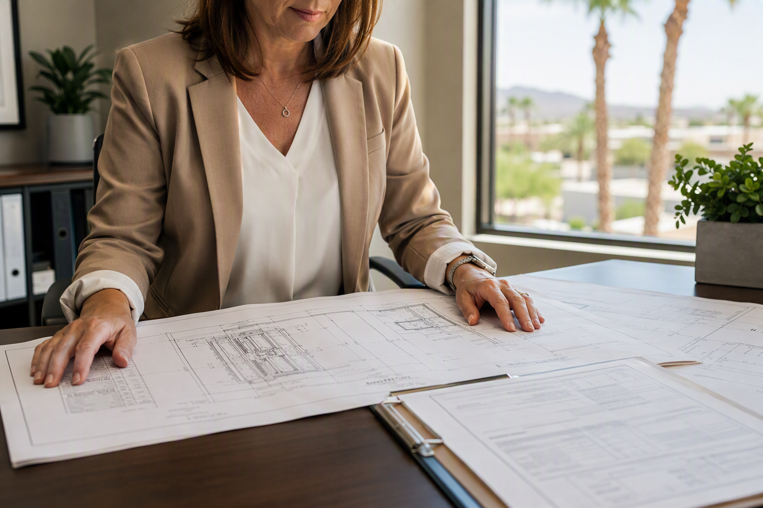 Arizona Building Manager Reviewing Elevator Compliance Documents Building manager reviewing elevator inspection certificate and modernization drawings at a desk in an Arizona property management office, illustrating compliance planning for elevator code requirement