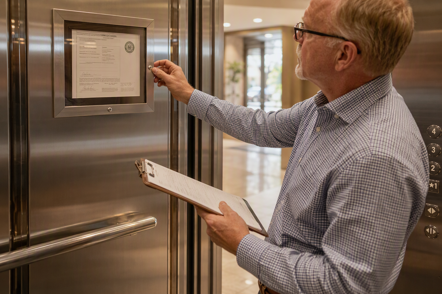 Building inspector examining a posted elevator certificate of inspection inside a commercial elevator cab in Scottsdale AZ, distinguishing code-required inspection from routine maintenance