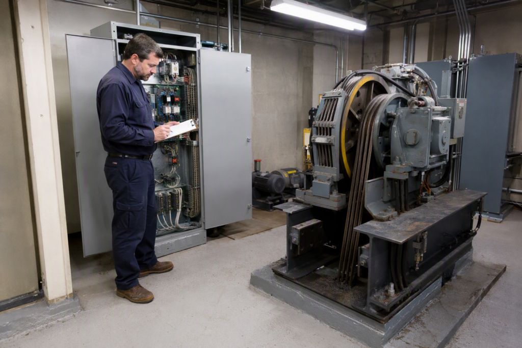 Licensed elevator technician reviewing a maintenance log in a commercial elevator machine room during a scheduled service visit at a Phoenix AZ office building