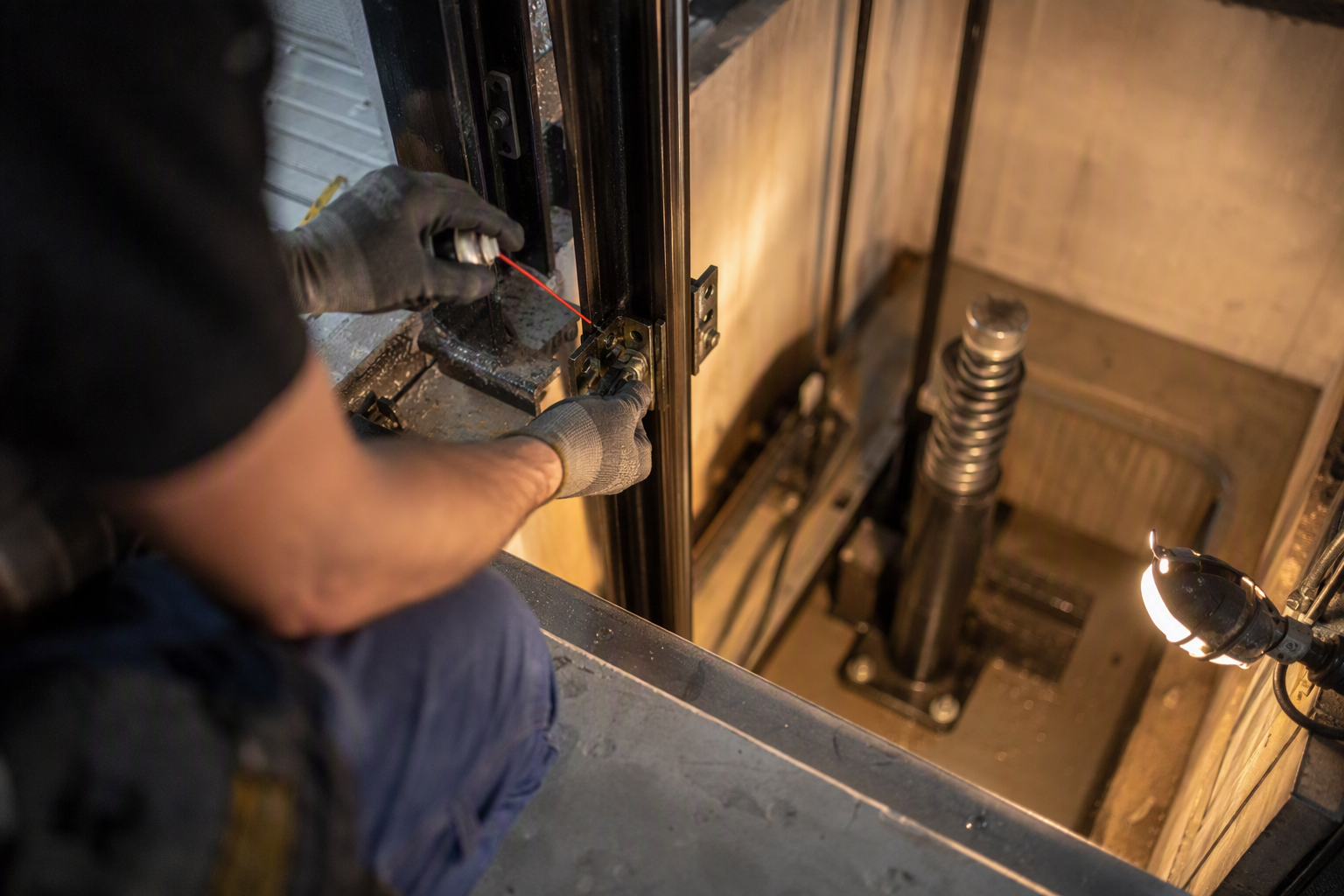 Elevator technician lubricating guide rails inside a commercial elevator hoistway pit during a monthly maintenance visit at a Mesa AZ building