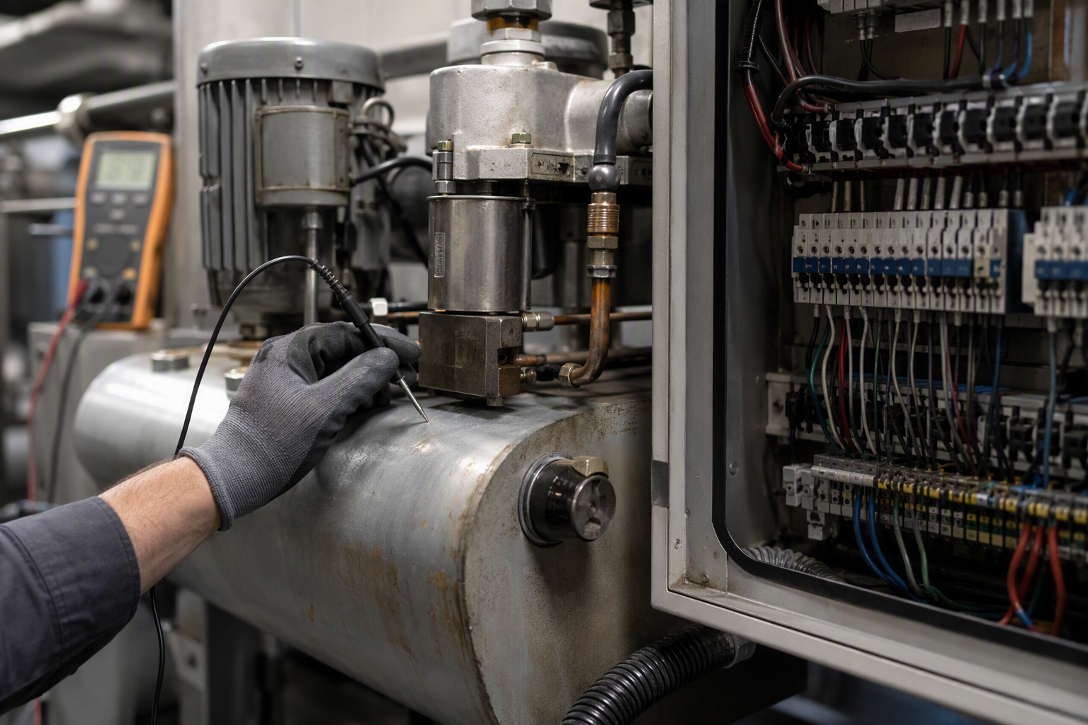 Elevator technician checking hydraulic fluid temperature in a machine room, a key factor in determining normal elevator breakdown frequency in Arizona's extreme heat