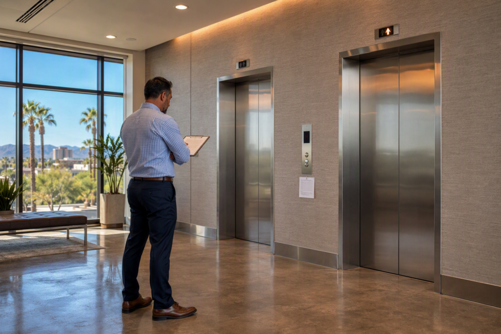 Commercial building property manager reviewing elevator service log in Phoenix AZ lobby, assessing how many elevator breakdowns per year is normal for their units