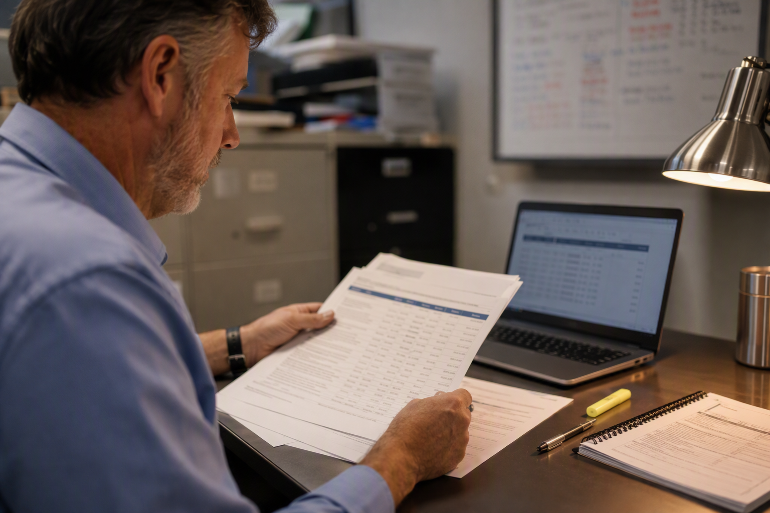 Facilities manager reviewing elevator maintenance contract and annual repair budget spreadsheet at a desk, representing cost planning for healthcare elevator programs in Arizona.