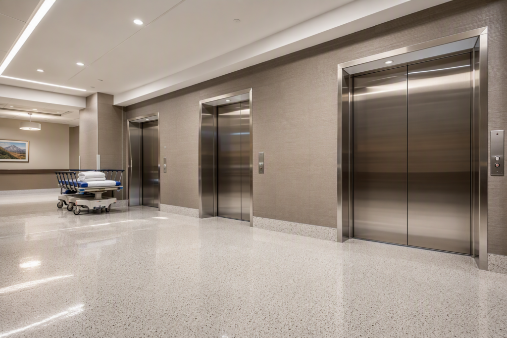 Hospital elevator lobby in Phoenix AZ with three stainless-steel elevator doors, ADA-compliant call panels, and a gurney, illustrating healthcare facility elevator maintenance budgeting needs.