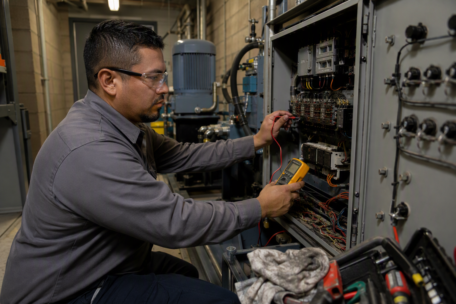 Elevator technician testing a hydraulic elevator controller in a Mesa AZ medical building machine room, illustrating repair cost drivers for aging healthcare elevator equipment.