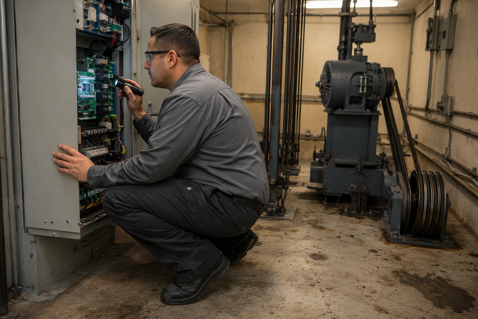 Elevator technician inspecting machine room controller and traction equipment during a condition assessment to establish an elevator maintenance budget baseline